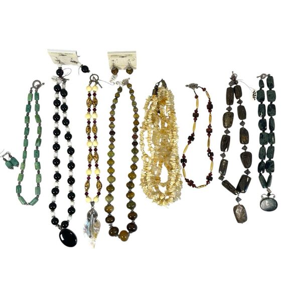 Mixed Jewelry Lot Necklaces Earrings Jade Jasper Garnet Mother Of Pearl Sterling